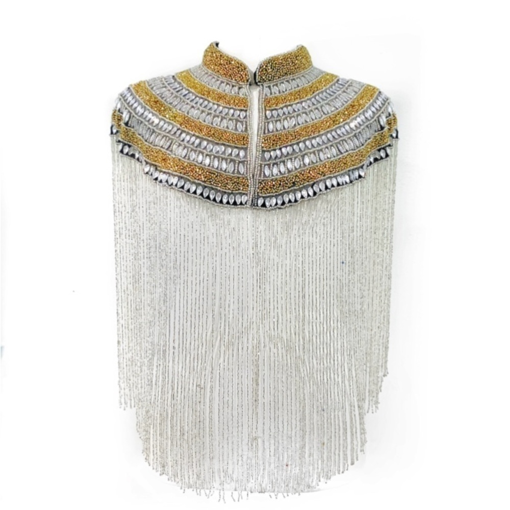 Silver and Gold Hand Beaded and Stoned Fringe Cape